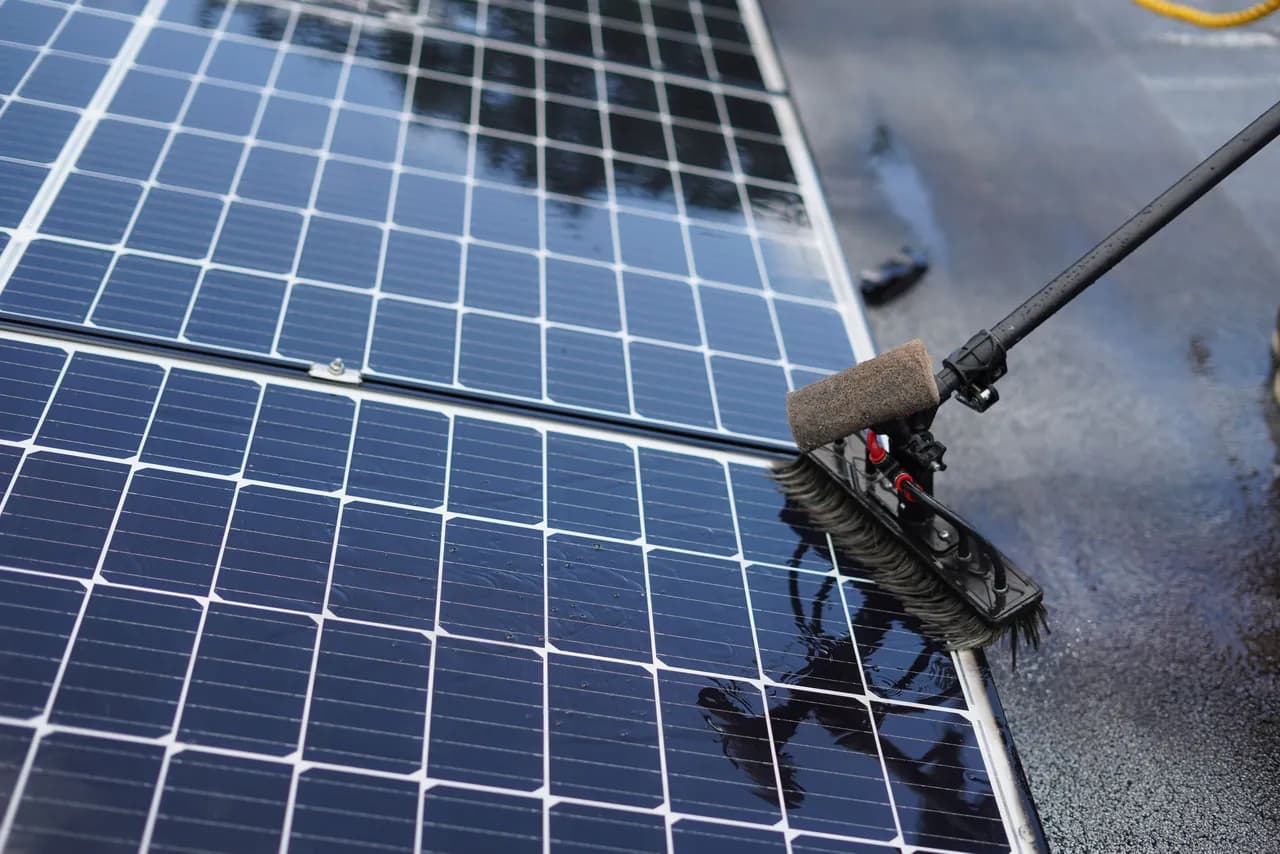 Close-up of a soft brush head sweeping dust and soiling off the glass face of a solar panel.