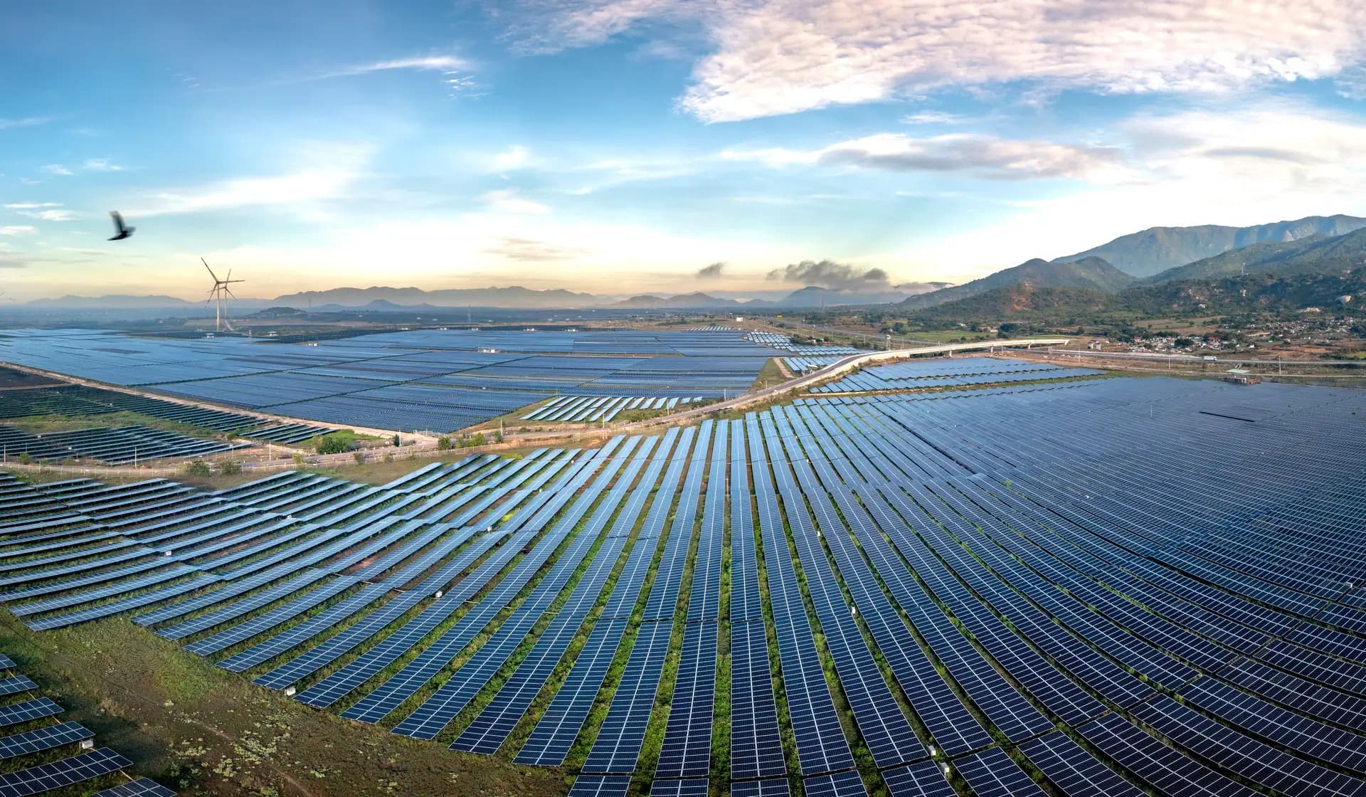 Aerial view of a utility-scale solar farm at dawn, its rows of panels running to the foot of distant mountains.
